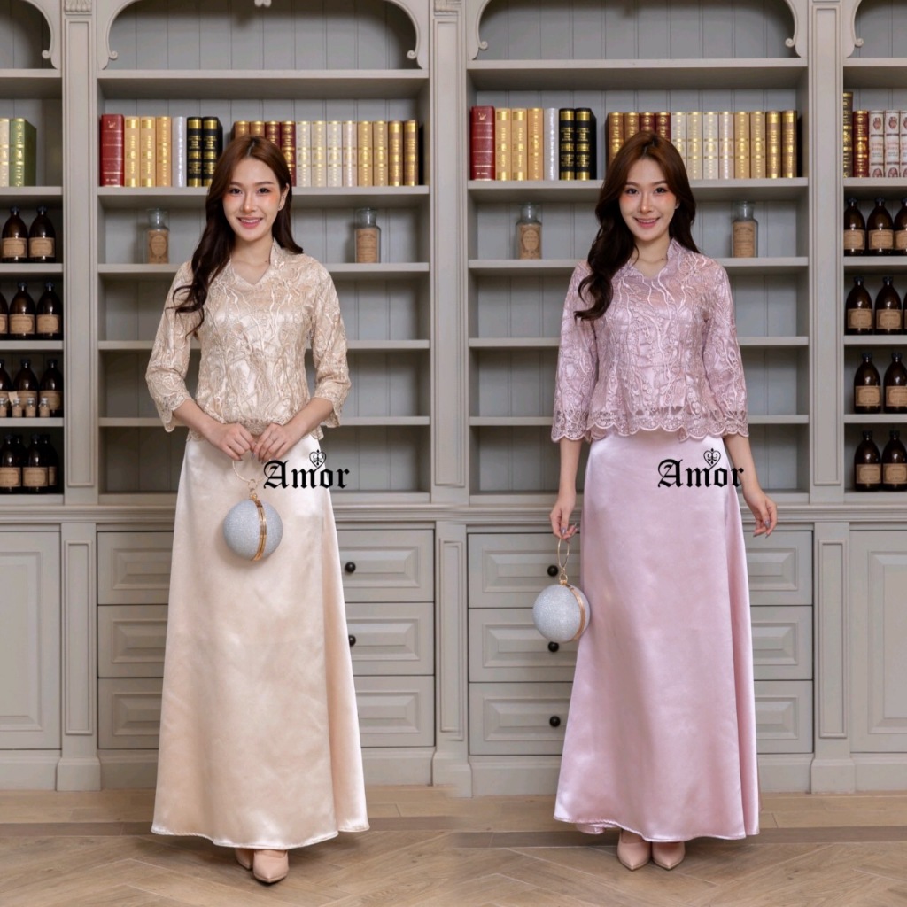 M-4XL ชุดเซท 2ชิ้น เสื้อลูกไม้+กระโปรงยาว สีชมพูกะปิ,ครีมทอง #Amor 🤩ทักแชทแจ้งไซส์ก่อนกดสั่ง