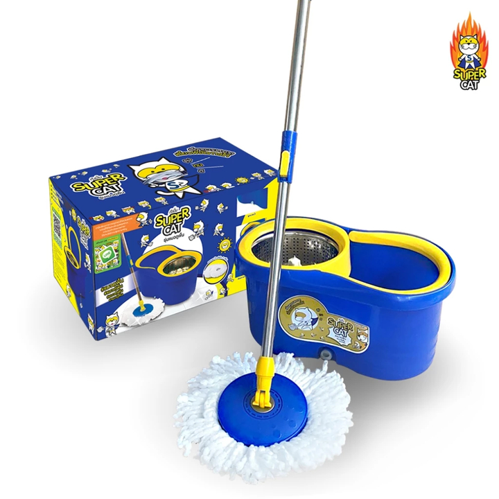 (โรงงานไทย) SUPERCAT ชุดถังปั่นพร้อมไม้ม็อบถูพื้น รุ่นแมวถูพื้น แถมผ้าม็อบถูพื้นไมโครไฟเบอร์ 2 ผืนในกล่อง