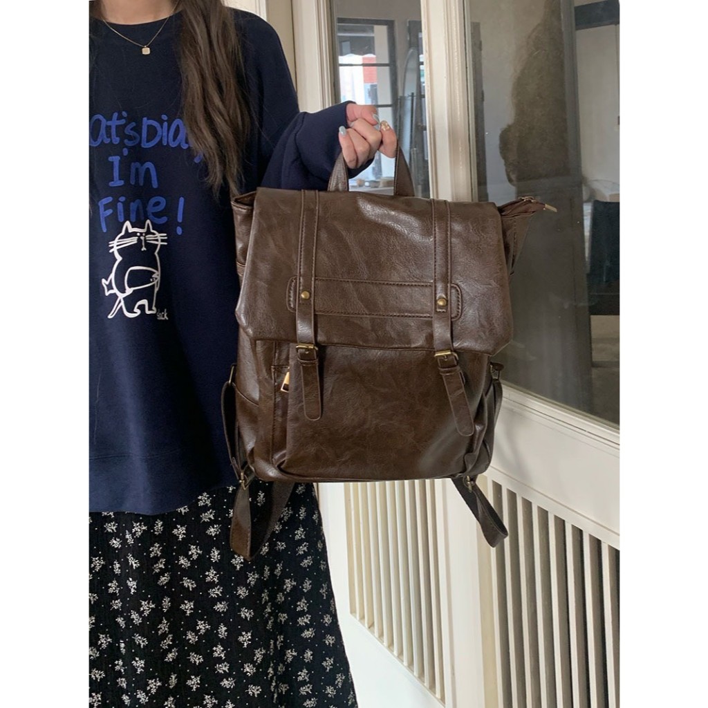 VK กระเป๋าเป้สะพายหลังสไตล์เกาหลี รุ่น Vi082 หนัง PU นิ่ม สีน้ำตาล จุของได้เยอะ ใส่แท็บเล็ตได้ - รูปที่ 3