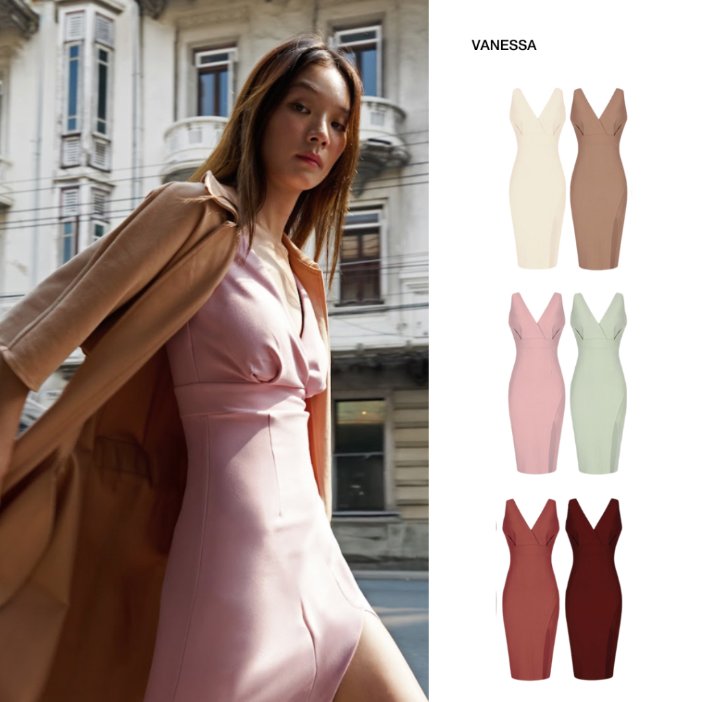 PETCHPLOY - VANESSA Dress เดรสคอวีผ่าช่วงอก แขนกุด ช่วยพรางหุ่น ชุดออกงานใส่ได้ทุกโอกาส