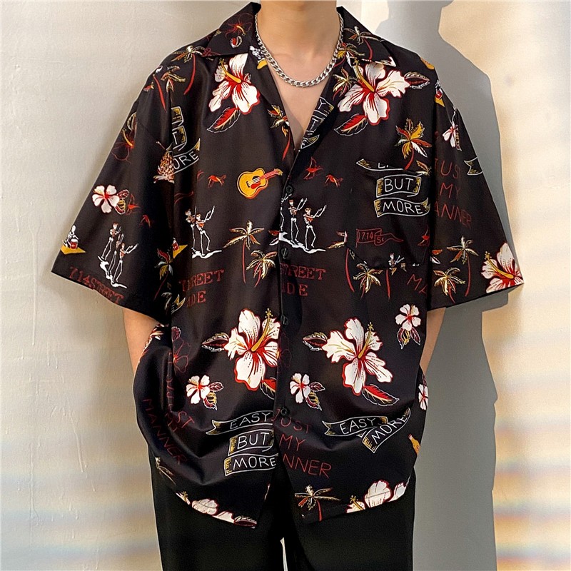 aililai1688 เสื้อฮาวายลายดอกไม้ ผู้ชาย แขนสั้น มี 2 สี ดำ / ครีม สไตส์หนุ่มๆ สาวๆ ไปสาดน้ำสงกรานต์