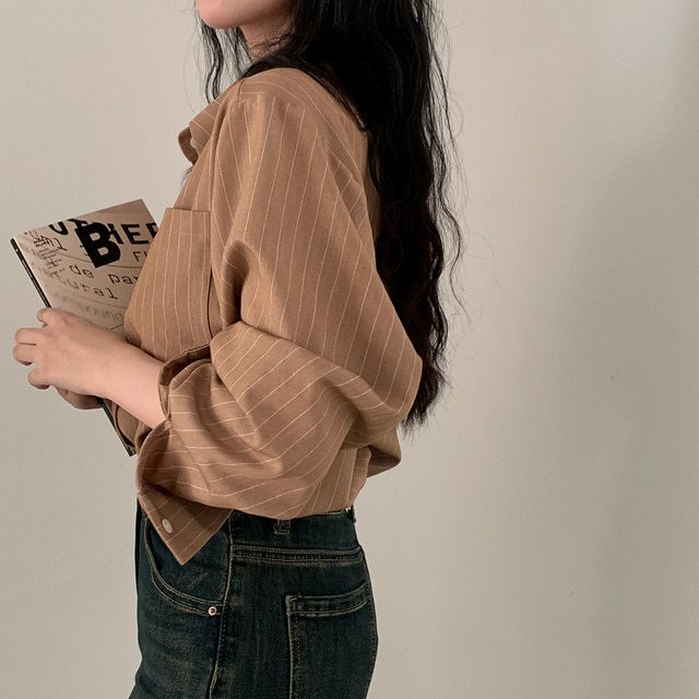 🌻Grace🌻 เสื้อเชิ้ตผ้าฝ้ายสวมใส่สบาย เสื้อแขนยาวลายทาง เสื้อทรงหลวมสุดชิค เสื้อทรงเลดี้ผู้หญิง เสื้อผ้าสไตล์เกาหลี W421 - รูปที่ 5