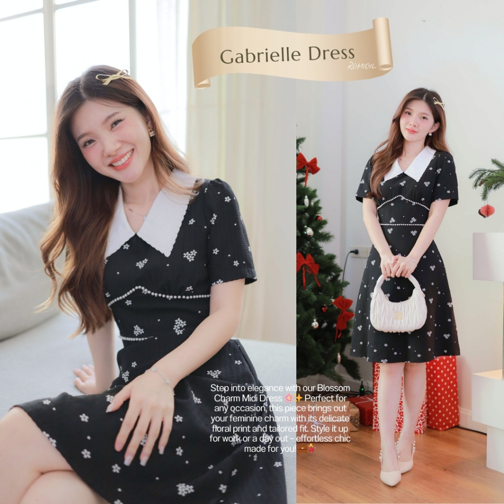 (ยาว 37 นิ้ว) "Romi"Oil" Gabrielle Dress (Black) J198 ชุดเดรสสีดำ (คอปกขาวแต่งมุกที่เอว)