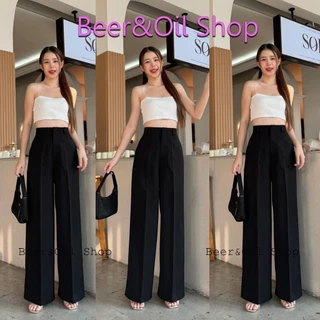 B003 Beer&Oil กางเกงขายาวเอวสูง ผ้าลิลลี่ งานตะขอหน้าขาตรง ซิปหน้า แต่งดีไซน์หูเข็มขัด กระเป๋าคว้าน