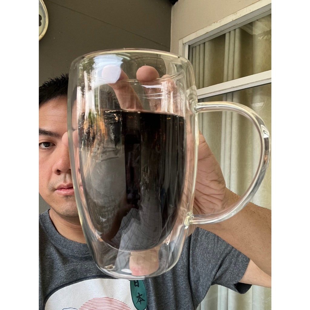 แก้วกาแฟทนความร้อนสองชั้น ขนาด 440ML หรือ 15oz ขนาด 6x3นิ้ว รุ่นมีหูจับ ถ้วยใส ถ้วยเครื่องดื่มน้ำร้อน น้ำเย็น glass ออกใ