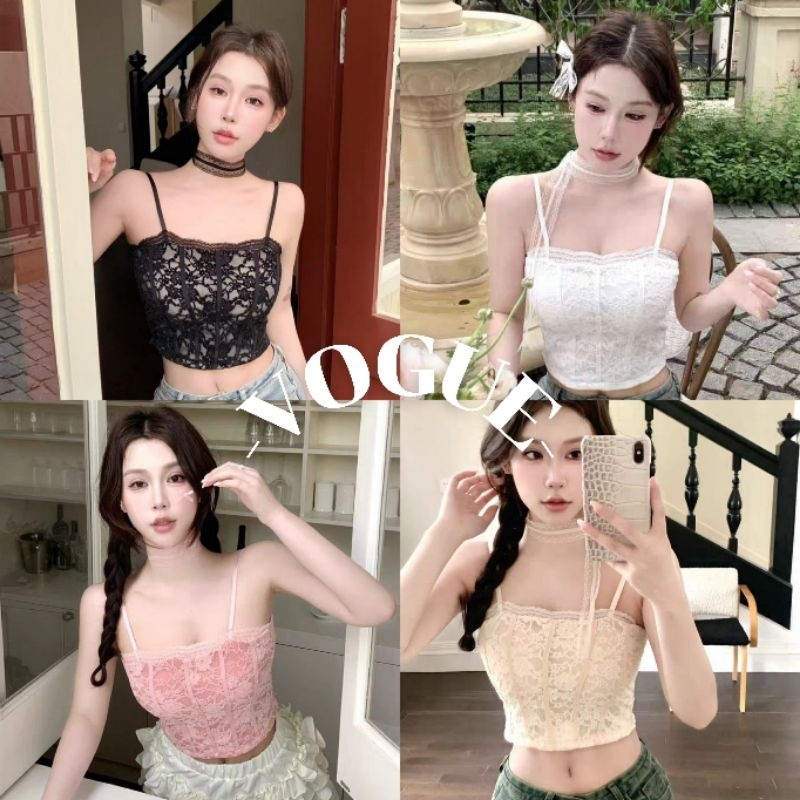 Vogue🌟พร้อมส่ง🌟 เสื้อสายเดี่ยวลูกไม้ มีฟองน้ำ สีพาสเทลใส่สบาย (FY809)