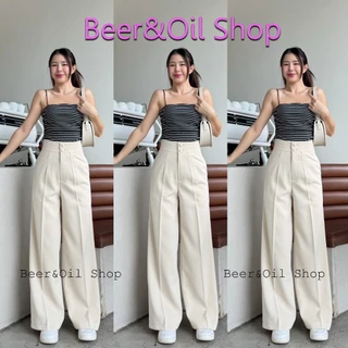 B001 Beer&Oil กางเกงขายาวเอวสูงงานดุมปั๊ม2เม็ดลิลลี่ ผ้าลิลลี่งานซิปหน้า มีกระเป๋า