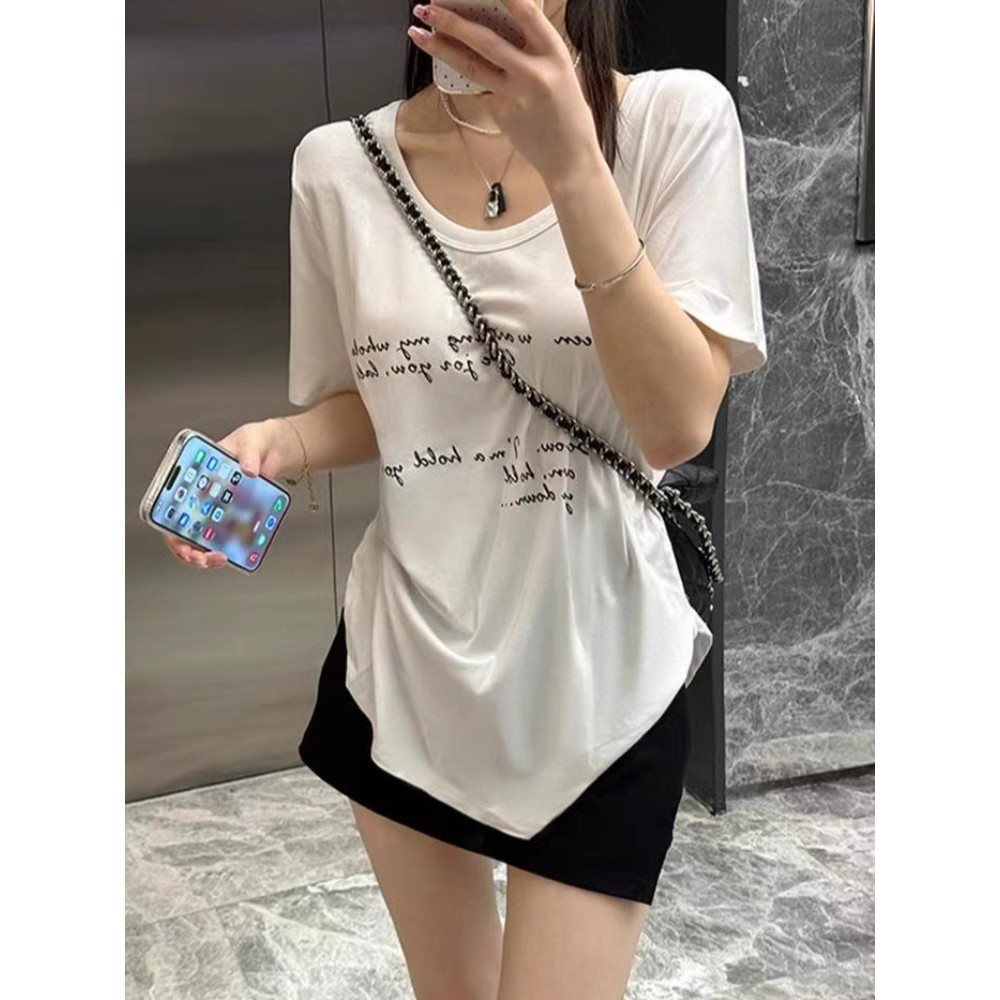 เสื้อยืดพิมพ์ลายไซส์ใหญ่ แขนสั้น ใส่สบายหน้าร้อน สำหรับสาวพลัสไซซ์ ดีไซน์เก๋ ทรงหลวม สไตล์มินิมอล พร้อมดีเทลผ่าข้าง