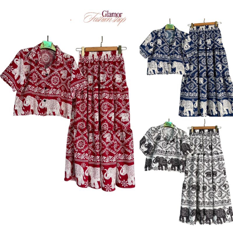 Set 2 ชิ้นสาวอวบลายช้าง ชุดเซ็ทกระโปรง+เสื้อเบลาร์คอปก( อก 32 - 44 นิ้ว) ใส่ได้ ใส่สวย เป็นผ้าไหมอิึ