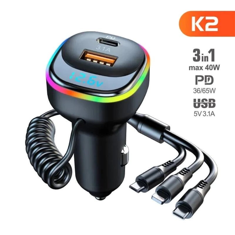 65w qc4.0 qc3.0 car charger FCP AFC type C fast charger 3 in 1 USB fast charge car cable