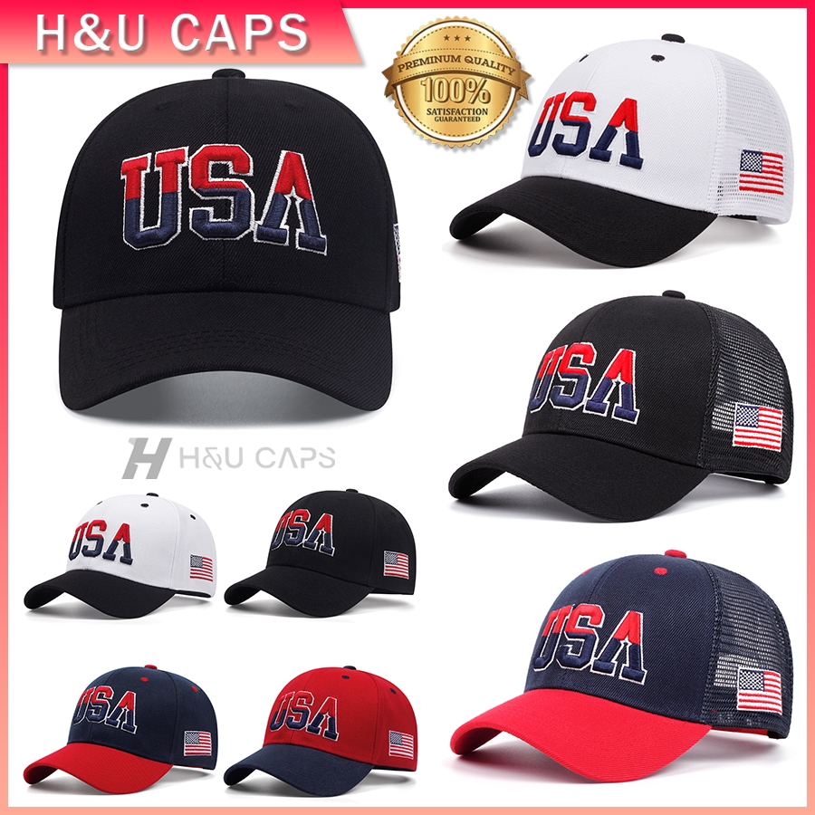 สไตล์เกาหลี หมวกเบสบอล USA ปักลายตัวอักษร trucker cap การออกแบบตาข่ายระบายอากาศ สําหรับผู้หญิง และผู้ชาย