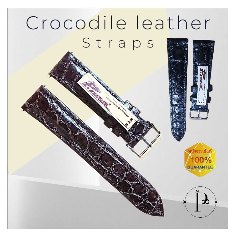 P.leather💎 สายนาฬิกา หนังจระเข้แท้ ลายท้องกลม  สายนาฬิกาหนัง 16 17 18 19 20 21 22 23 24 มม.
