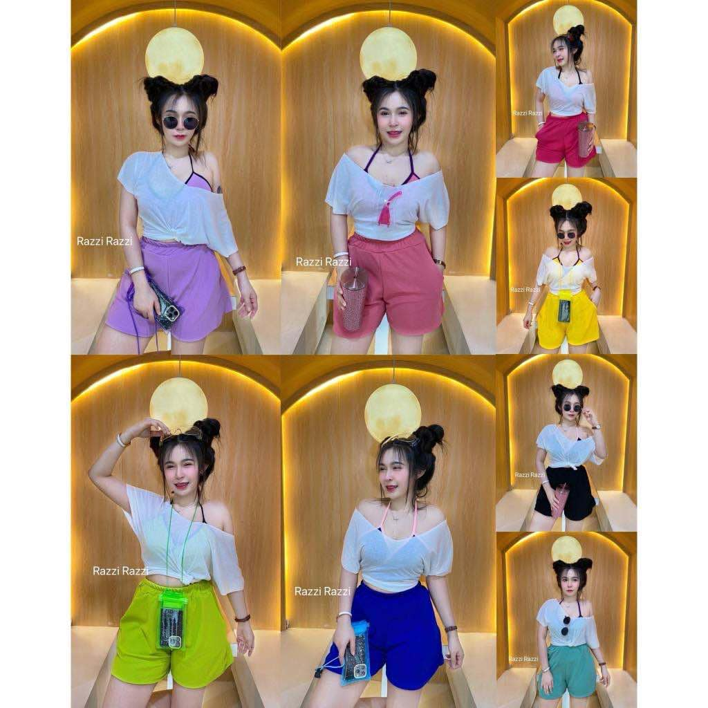NK เซ็ต 3 ชิ้น 2 ชิ้น บราคล้องคอ + เสื้อสลาฟคอวี+ ขาสั้น ฟรีไซด์ ใส่เล่นน้ำสงกรานต์ !!