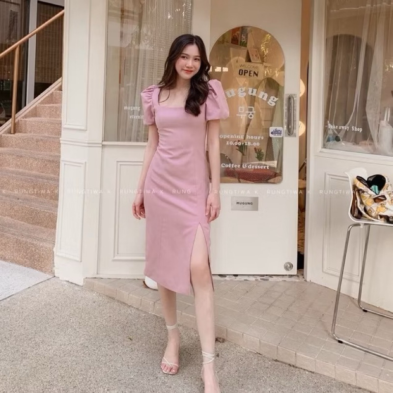 🫒 'Rivalry Dress ' -  เดรสผ่าหน้าแขนบอลลูน เดรสคอเหลี่ยม ชุดออกงาน ชุดไปงานเเต่ง เดรสทำงาน RTW