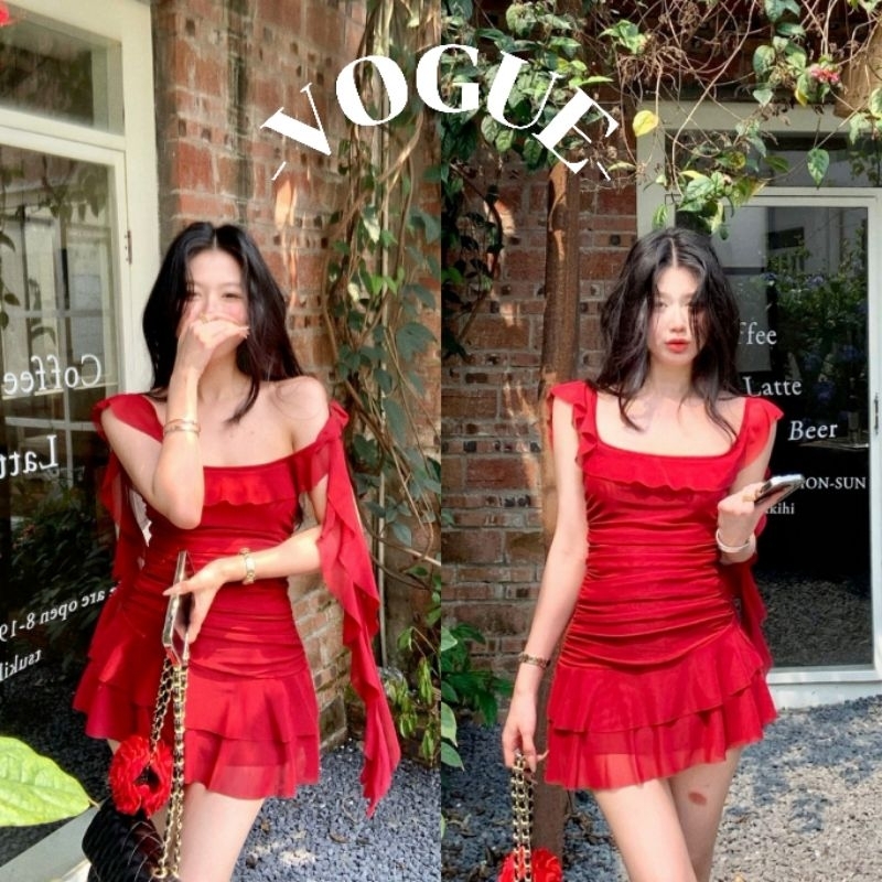 Vogue🌟พร้อมส่ง🌟 ชุดเดรส สีแดงทรงรัดตัวผ้าพริ้ว ใส่ง่ายสีสดใส (FY2651)