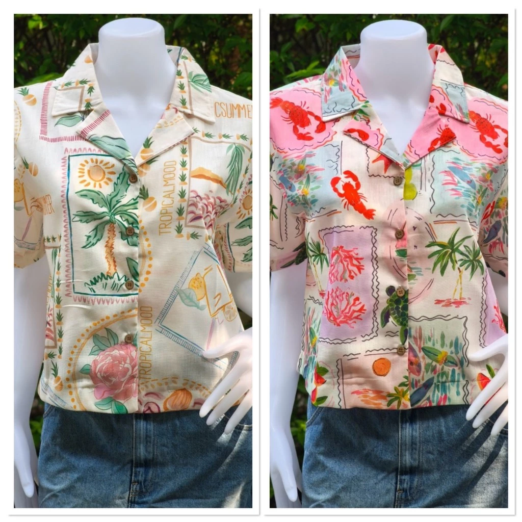 เสื้อเชิ้ตฮาวายผู้หญิง Tissara Boutique แขนสั้น ลายดอก ผ้าลินิน