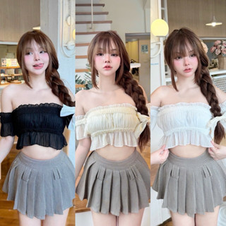 Petite♡︎ Lamoon top เสื้อปาดไหล่ผ้าอัดพลีท ลุคคุณหนูคุณใจ