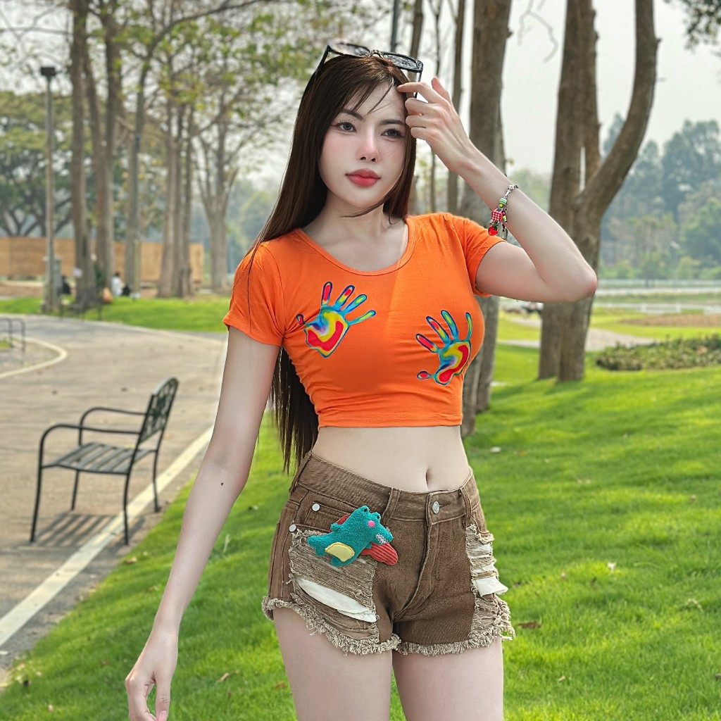 🌈MesubShop🌈เสื้อครอปคอกลมแขนสั้้น ผ้าเรย่อน ใส่เล่นน้ำ 💦 เซ็กซี่สุดๆ เสื้อเล่นน้ำสงกรานต์ รุ่น ครอปเรียบมือสี