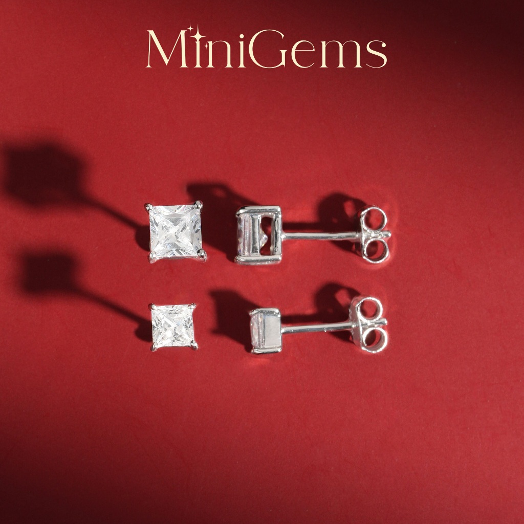 Mini Gems ต่างหู Jewelry เพชรสวิส CZ ต่างหูเงินแท้ 92.5 ทรงเหลี่ยมจัตุรัส SQ