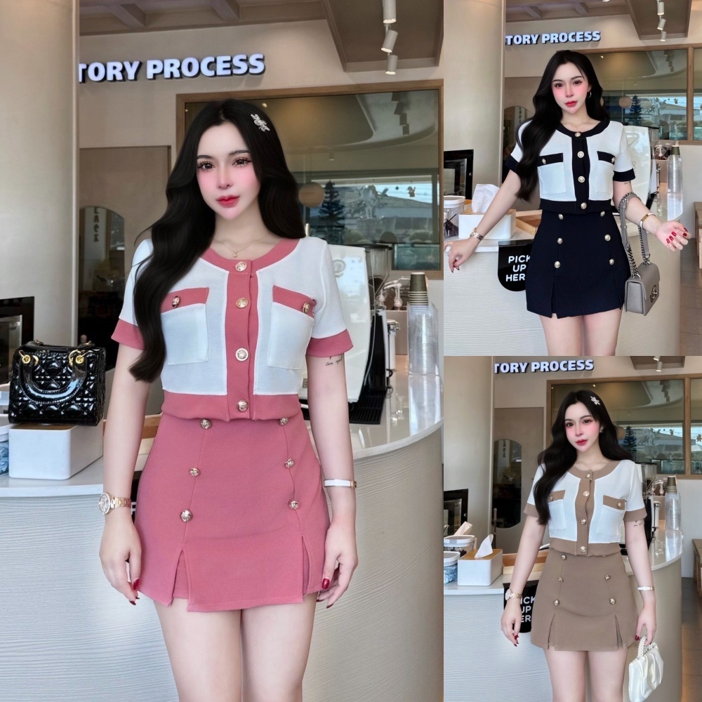 พร้อมส่ง ชุดเซตผ้าวูลเวฟ เสื้อทรูโทนกระเป๋าหน้ากระดุมเมอแรง+กางเกงกระโปรงแต่งกระดุมเมอแรง  A2285 – โปรปัง