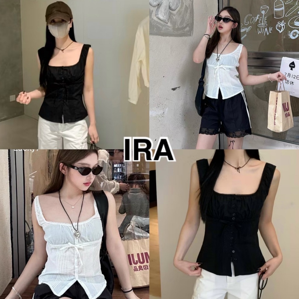 BY IRA (1002)เสื้อสายเดี่ยวคอวี จีบระบายหน้า น่ารักๆ  ใส่เข้ารูป ผ้าใส่สบาย