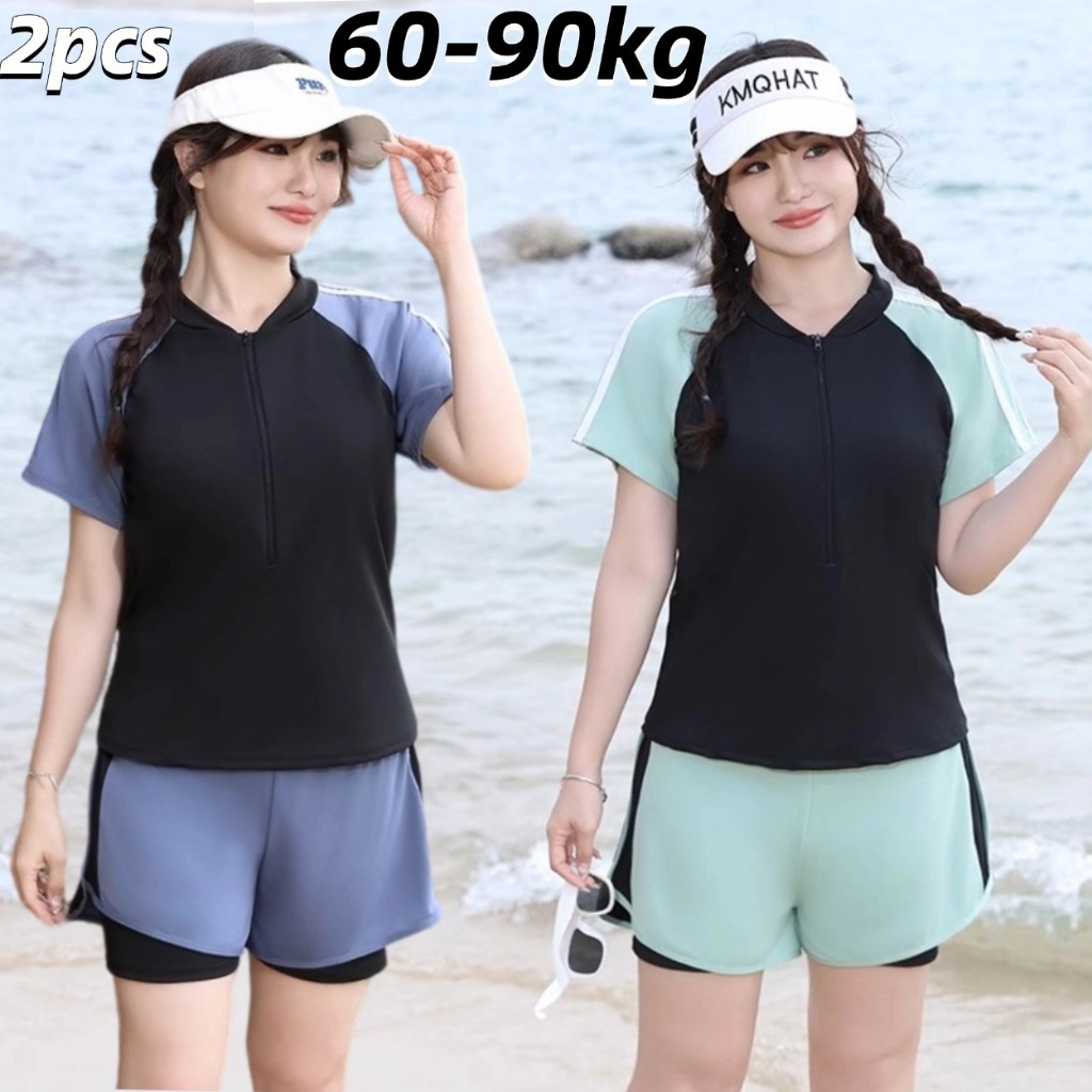 🌷60-90kg🌷ชุดว่ายน้ําผู้หญิง ทูพีช ชุดว่ายน้ําสาวอวบ เนื้อผ้าระบายอากาศ เป็นยางยืด ใส่เที่ยวทะเลหรืออยู่บ้านชิลๆ