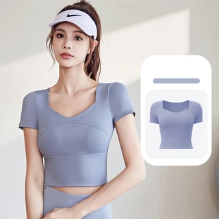 mvp sport เสื้อโยคะ เสื้อแขนสั้น แผ่นรองหน้าอกแบบติดแน่นในตัว [กทม. พร้อมส่ง]