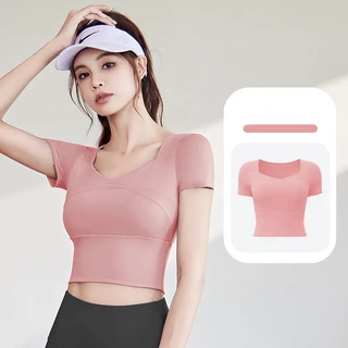 mvp sport เสื้อโยคะ เสื้อแขนสั้น แผ่นรองหน้าอกแบบติดแน่นในตัว [กทม. พร้อมส่ง]