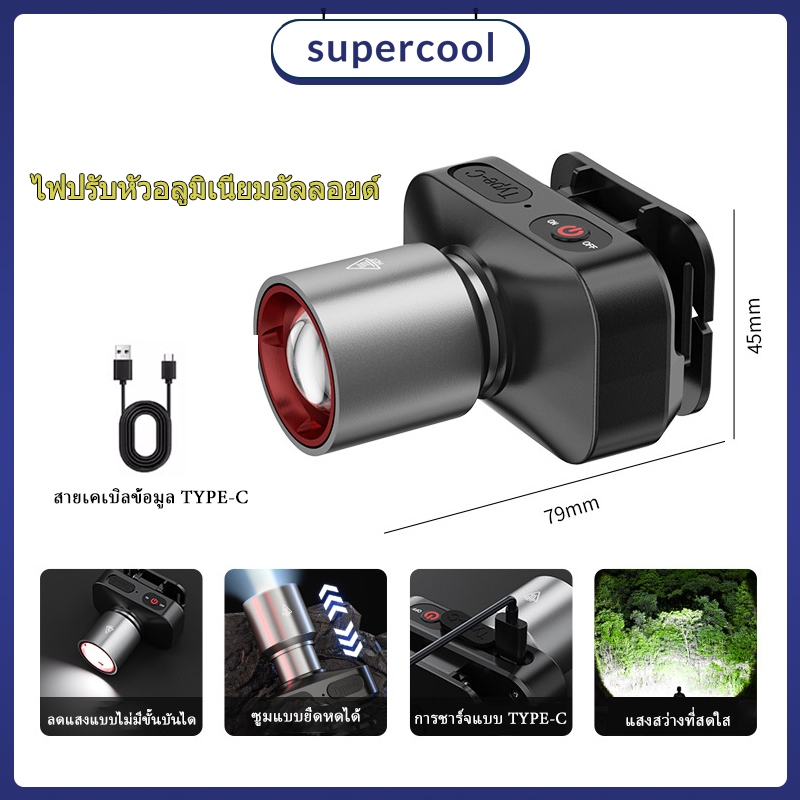 สว่างมาก ไฟหน้า LED ชาร์จ USB ซูมได้ 3โหมดแสง เหมาะสำหรับการตั้งแคมป์ ตกปลา สำรวจ และใช้ฉุกเฉิน ไฟหน้า