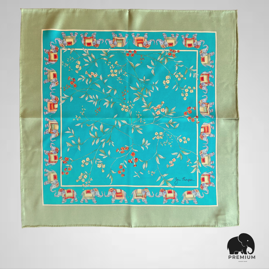 ผ้าเช็ดหน้าผ้าไหม จิม ทอมป์สัน  Silk handkerchief Jim Thompson สีเขียว 2