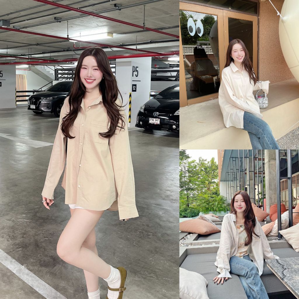 เบจ/เทา/น้ำตาล SLYQ MUTED BASIC OVERSIZED SHIRT เสื้อเชิ้ตโอเวอร์ไซส์เบสิคโทนสีหม่น