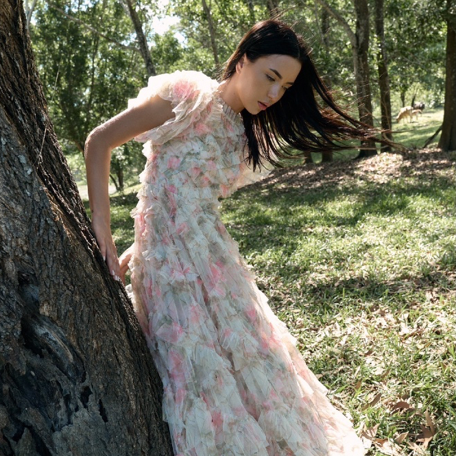 พร้อมส่ง Lavender Brunch Claire Dress ชุดเดรสยาว แขนสั้น เดรสสีชมพูทรงยาว แต่งระบายทั้งตัว