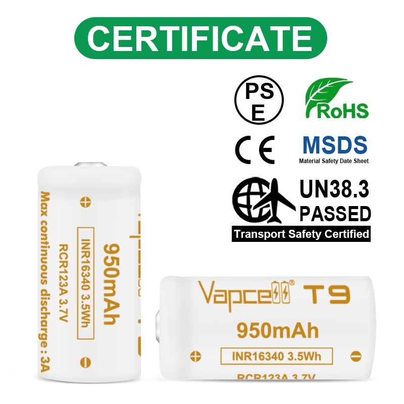 Vapcell ถ่านชาร์จ T9 16340 RCR123A 950mAh 3.7V แบตเตอรี่ลิเธียม ใช้กับไฟฉาย/กล้อง/ของเล่น