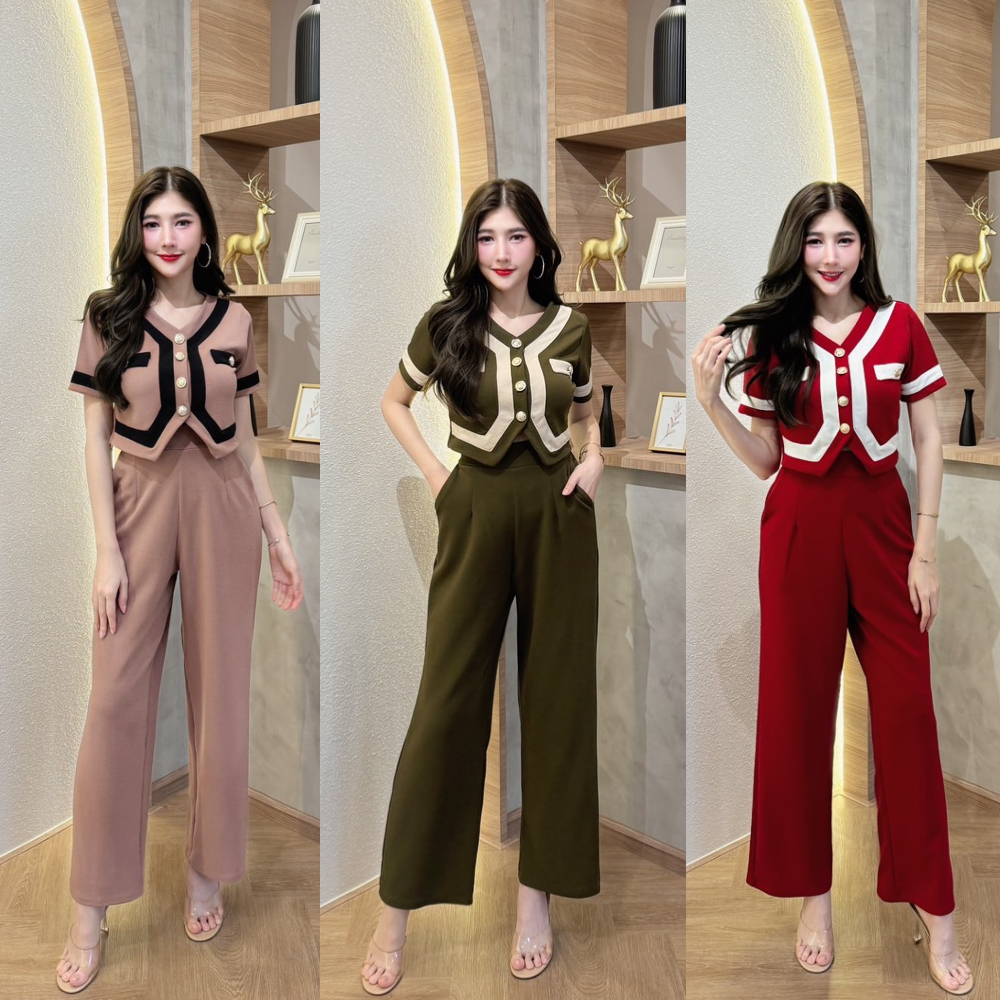 พร้อมส่ง ชุดเซตยาวผ้าวูลเวฟทรูโทน เสื้อทรงสูทแต่งกระเป๋าหน้ากระดุมหน้า+กางเกงเอวเรียบสม็อคหลังมีกระเป๋า A5470