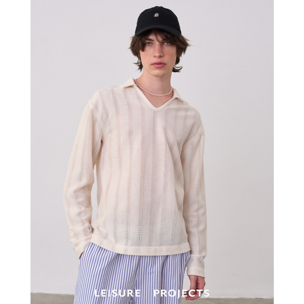 (Leisure Projects) BABY KNIT V-NECK LONG SLEEVE เสื้อโปโลเเขนยาวคอวี ตัดเย็บด้วยผ้าทอลาย Geometric กึ่งซีทรู ราคา ถูกที่สุด ดีลบีเคเค แกลเลอรีภาพที่ 2