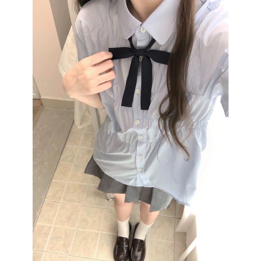 Olive♡[พร้อมส่ง]เสื้อคอปกสีฟ้าแขนตุ๊กตาน่ารัก(A32)