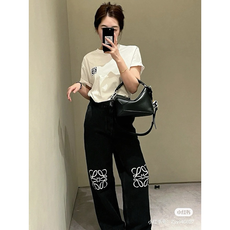 PP37 กางเกงยีนส์ denim สีดำ ลายปัก ทรง buggy ขากระบอก s m l xl