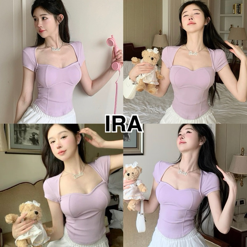 ซื้อในไลฟ์สดลดเหลือ 50.- BY IRA Crop top เสื้อยืด คอเหลี่ยมแขนสั้น เซ็กซี่ สีพื้น ทรงสกินนี่ *มีฟองน้ำในตัว