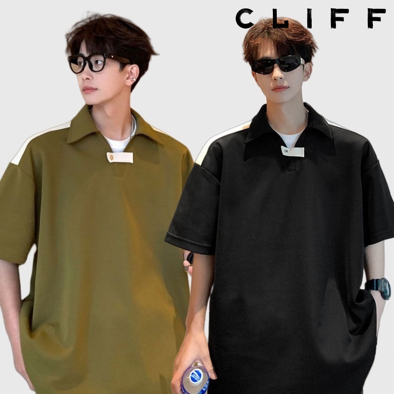 CLIFF เสื้อโปโล แขนสั้นผู้ชาย สีต่อ แฟชั่นยอดนิยม แบบหลวมลำลอง ระบายอากาศได้ดีใส่สบาย Oversize