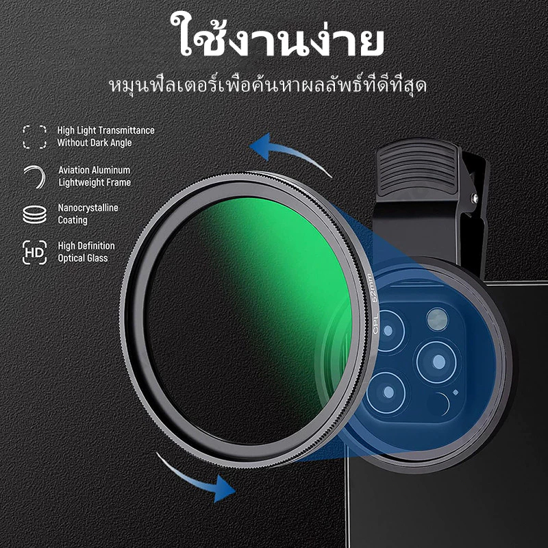 52mm CPL Filter เลนส์ cpl มือถือ : ปรับสีสันอิ่มตัว-ลดแสงสะท้อนแบบมืออาชีพ สำหรับถ่ายภาพและไลฟ์สด