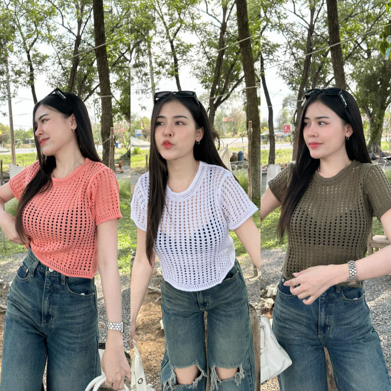 เสื้อผ้าทอลายฉลุ ทรงคอกลมแขนสั้น 💥 ผ้ายืดตามตัว ใส่สบาย ใส่เที่ยวทะเล เสื้อเล่นน้ำ พร้อมส่งทุกสี รุ่น สุขสันต์