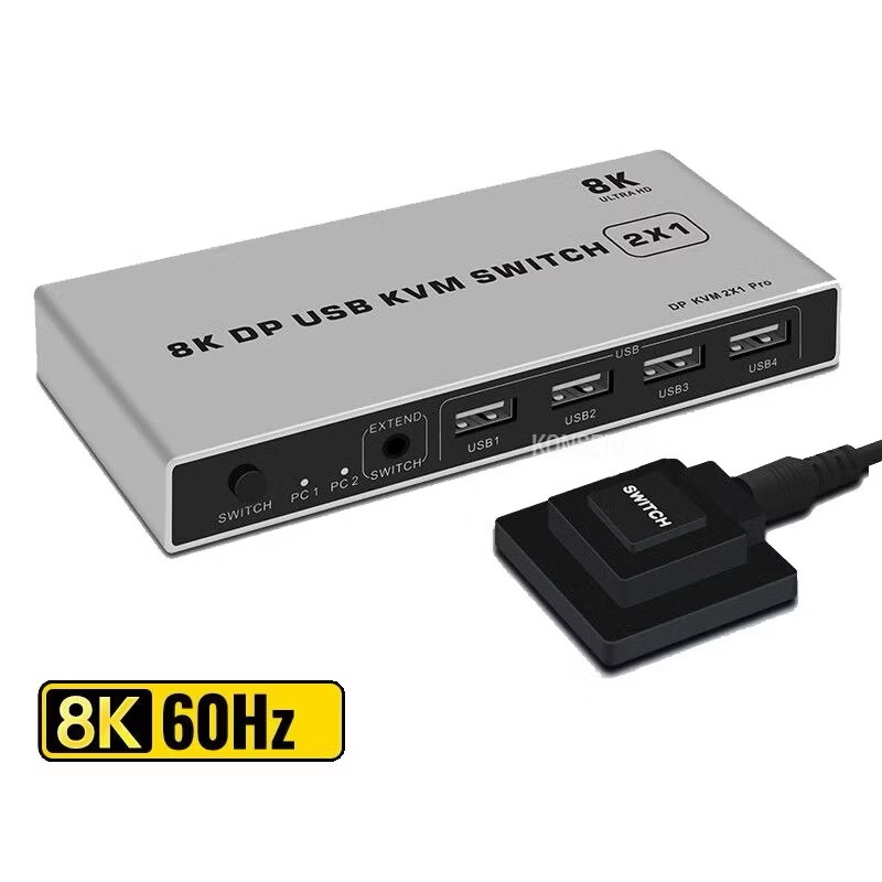 8K Displayport KVM Switch 2x1 8K 60Hz DP USB KVM Switch 2 in 1 out Displayport 1.4 KVM DP Switch แบ่