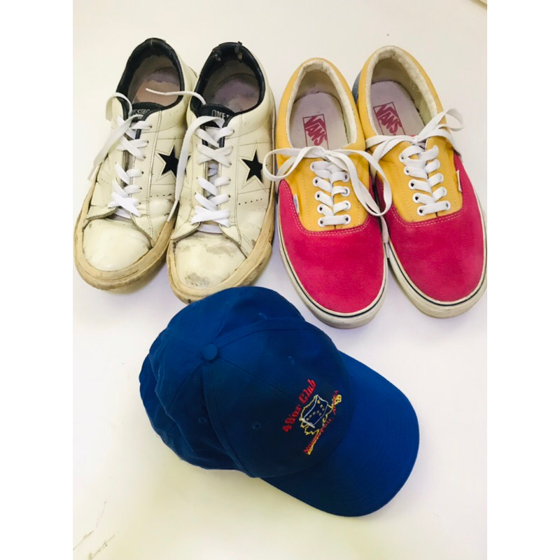 3ชิ้นในรูปConverse One Star J “Made in Japan ”หนังแก้วขาวเซอร์ๆ ไซส์ us9/27.5cm ให้อีกคู่27.5pm หมวก