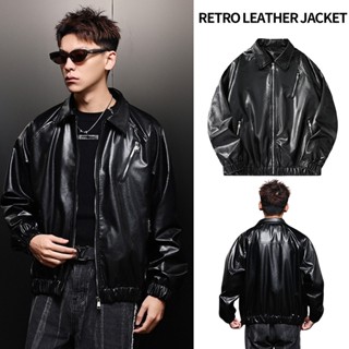 เสื้อแจ็คเก็ตบอมเบอร์หนังสีดำคอปกเรียบง่ายคลาสสิกย้อนยุคผู้ช…