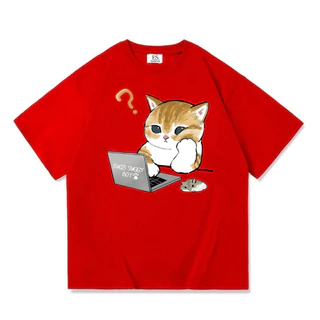 เสื้อยืดคอกลมแขนสั้น วินเทจ ลายแมวโน๊ตบุ๊ค ผ้านิ่มใส่สบาย ES-411