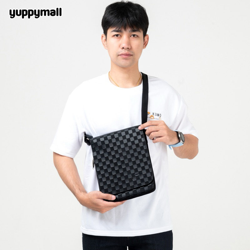 กระเป๋าสะพายข้างผู้ชาย จิงโจ้ ลายตาราง หนัง Pu ทรงสลิม พร้อมส่งจากโรงงานไทย A128-9