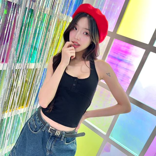 JARINYA เสื้อคล้องคอสีพื้น ปัก Jarinya ดีเทลแต่งกระดุมหน้า (T912)