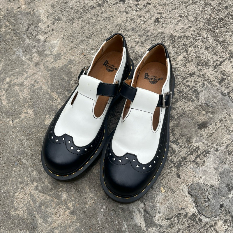 DR. MARTENS Demize Brogue T Bar Loafer in Black & White