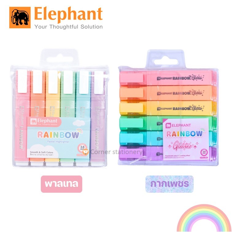 ปากกาเน้นข้อความสีพาสเทล และ กากเพชร ตราช้าง แบบชุด 6 สี รุ่นเรนโบว์ Rainbow ขนาดเส้น 3.8 มม