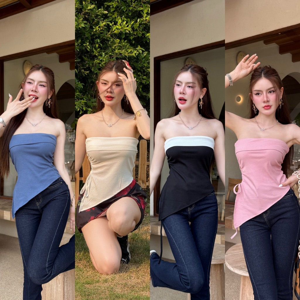 ANYA TOP เสื้อเกาะอกชายเฉียงย่นข้าง แต่งเชือกผูกโบว์น่ารัก